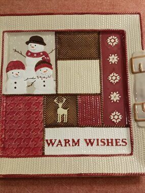 St. Nicholas Square WARM WISHES 14.5" Square Platter Snowman Family Knit Pattern